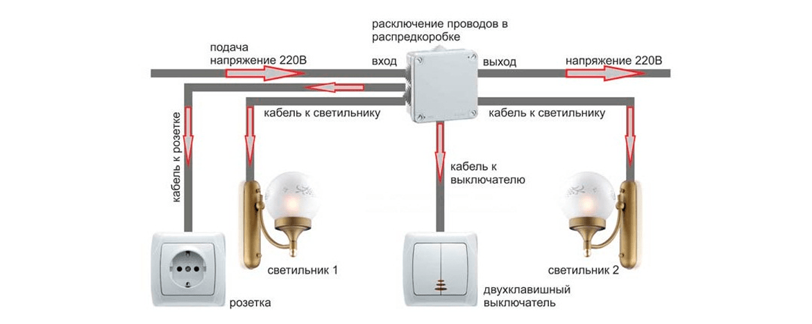 Схема монтажа двухклавишного переключателя.
