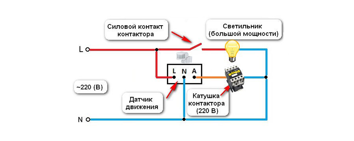 Схема подключения фотореле для уличного освещения через магнитный пускатель с выносным датчиком