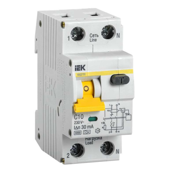 Выключатель автоматический дифференциального тока 2п (1P+N) C 10А 30мА тип A 6кА АВДТ-32 IEK MAD22-5-010-C-30