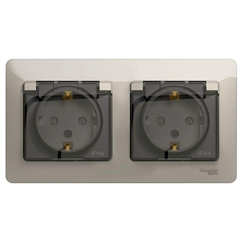 Розетка 2-м СП 2мод. Glossa 16А IP44 с заземл. защ. шторки в сборе молочный SE GSL000947