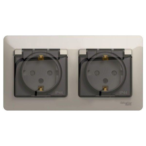 Розетка 2-м СП 2мод. Glossa 16А IP44 с заземл. защ. шторки в сборе молочный SE GSL000947