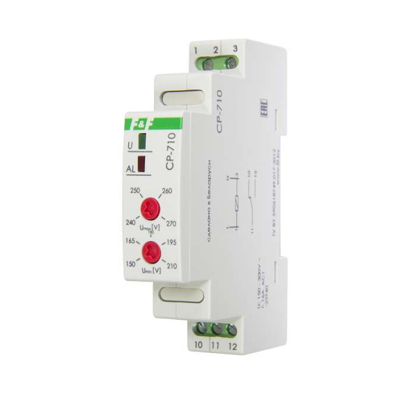 Реле напряжения CP-710 (однофазный; контроль верхнего и нижнего значений напряжения; монтаж на DIN-рейке 35мм; 230В 10А 1P IP20) F&F EA04.009.001