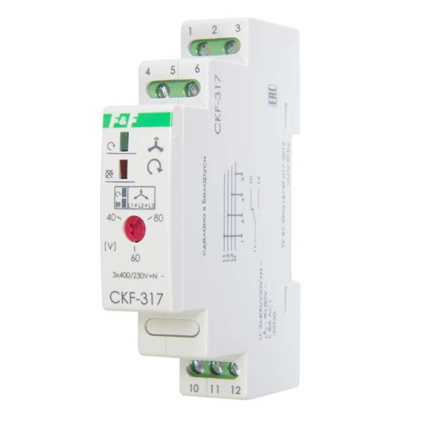Реле контроля наличия и чередования фаз CKF-317 (монтаж на DIN-рейке 35мм; регулировка порога отключения; 3х400/230+N 8А 1P IP20) F&F EA04.002.006
