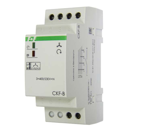 Реле контроля наличия; асимметрии и чередования фаз CKF-B (монтаж на DIN-рейке 35мм; задержка отключения 3-5с; 3х400/230В+N 2А 1Z) F&F EA04.002.002