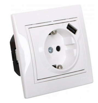 701-0202-181 Розетка 1-м Mira 16А с заземл. + USB разъем бел. Lezard