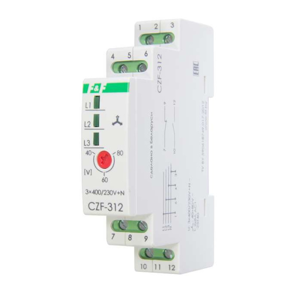 Реле контроля и наличия фаз CZF-312 (монтаж на DIN-рейке 35мм; регулировка порога; без задержки отключения; 3х400/230+N 2х8А 1Z 1R IP20) F&F EA04.001.007