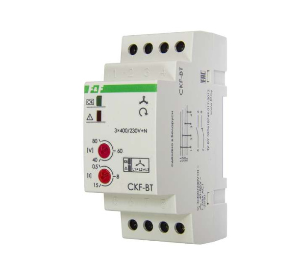 Реле контроля наличия и чередования фаз CKF-BT (монтаж на DIN-рейке 35мм; микропроцессорный; регулировка порога отключения и времени отключения; контроль верхнего и нижнего значений напряжения; 3х400/230+N 2х8А 1Z 1R IP20) F&F EA04.002.004