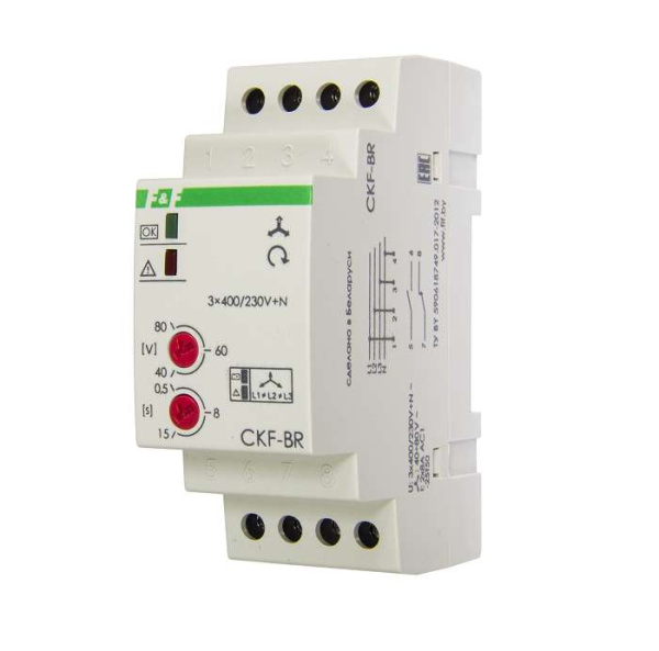 Реле контроля наличия и чередования фаз CKF-BR (монтаж на DIN-рейке 35мм; регулировка порога отключения; регулировка времени отключения; 3х400/230+N 2х8А 1Z 1R IP20) F&F EA04.002.003