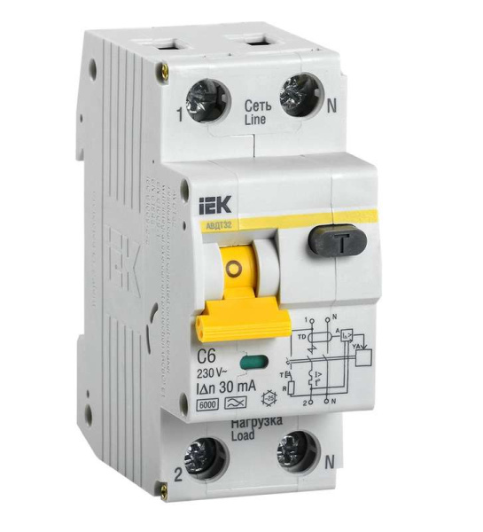 Выключатель автоматический дифференциального тока 2п (1P+N) C 6А 30мА тип A 6кА АВДТ-32 IEK MAD22-5-006-C-30