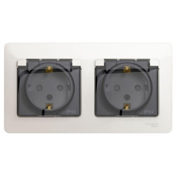 Розетка 2-м СП 2мод. Glossa 16А IP44 с заземл. защ. шторки в сборе перламутр SE GSL000647