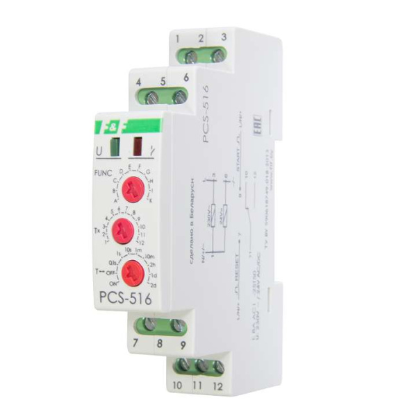 Реле времени PCS-516 (многофункц. (вход: START/RESET) 230В 8А 1перекл. IP20 монтаж на DIN-рейке)(аналог РВО-1М) F&F EA02.001.013