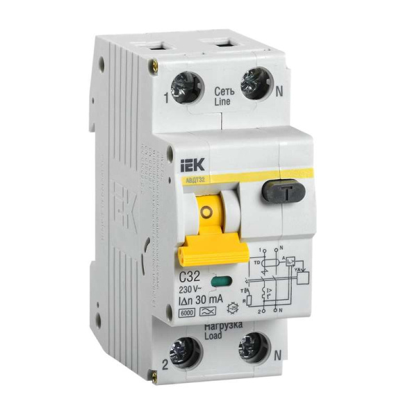 Выключатель автоматический дифференциального тока 2п (1P+N) C 32А 30мА тип A 6кА АВДТ-32 IEK MAD22-5-032-C-30