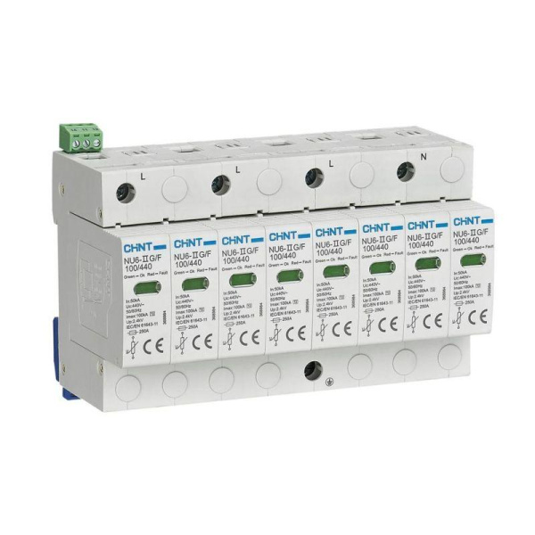 Ограничитель импульсных перенапряжений NU6-IIG 4P In=40kA Uc=440B Im=100kA CHINT 368976