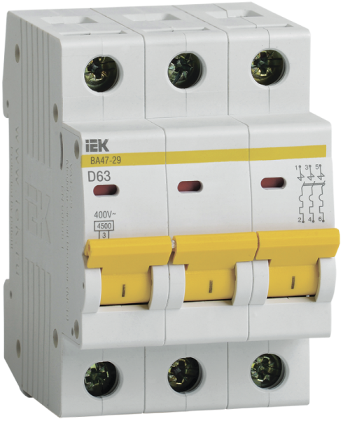 Выключатель автоматический модульный 3п D 63А 4.5кА ВА47-29 ИЭК MVA20-3-063-D