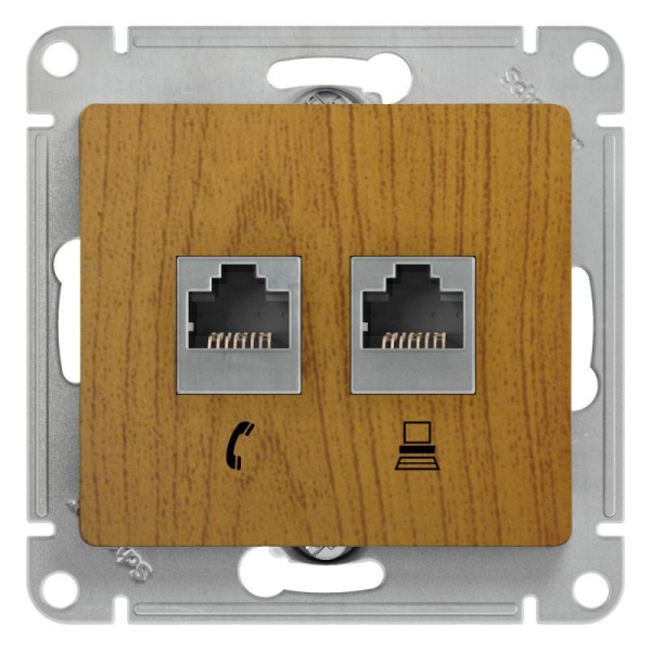 Розетка компьютерная + телефонная 2-м СП Glossa RJ45 + RJ11 кат.5E механизм дуб SE GSL000585
