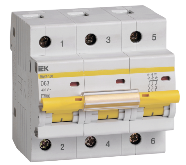 Выключатель автоматический модульный 3п D 63А 10кА ВА47-100 ИЭК MVA40-3-063-D