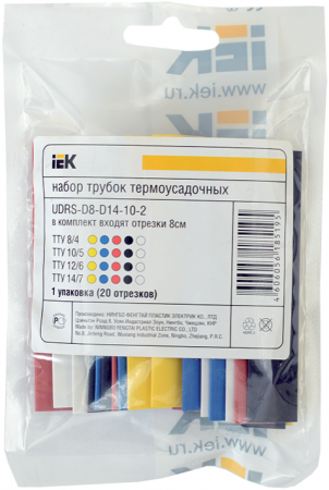 Набор трубок термоусадочных тонкостен. ТТУ 2/1; 4/2; 6/3; 8/4 (ЖЗ; С; К; Ч) 20х8см разноцвет. ИЭК UDRS-D2-D8-10-1