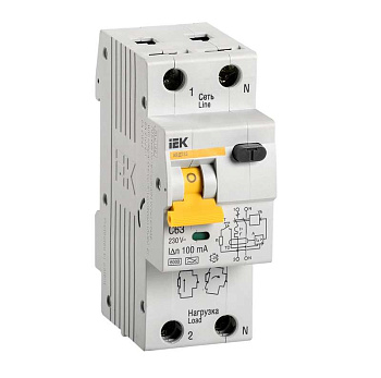 Выключатель автоматический дифференциального тока 2п (1P+N) C 63А 100мА тип A 6кА АВДТ-32 IEK MAD22-5-063-C-100