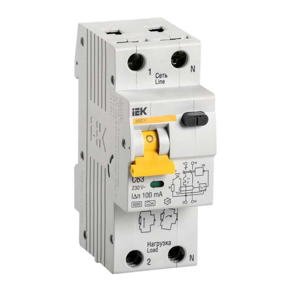 Выключатель автоматический дифференциального тока 2п (1P+N) C 63А 100мА тип A 6кА АВДТ-32 IEK MAD22-5-063-C-100