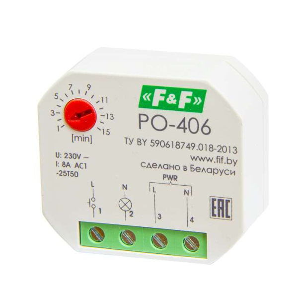 Реле времени PO-406 (задержка выкл. /управ. контактом 230В 8А 1НО IP20 монтаж в коробку d-60мм) F&F EA02.001.019