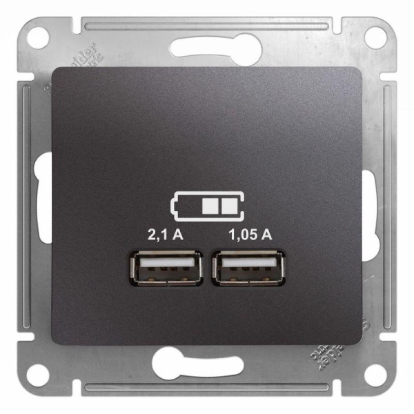 Розетка USB 2-м СП Glossa тип A+A 5В/2.1А 2х5В/1.05А механизм графит SE GSL001333