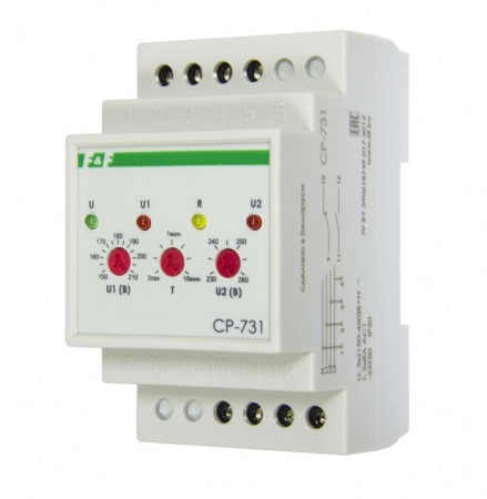 Реле напряжения CP-731 (трехфазный; микропроцессорный; контроль верхнего и нижнего значений напряжения; контроль асимметрии; чередования фаз; монтаж на DIN-рейке 35мм 3х400/230+N 2х8А 1Z 1R IP20) F&F EA04.009.005